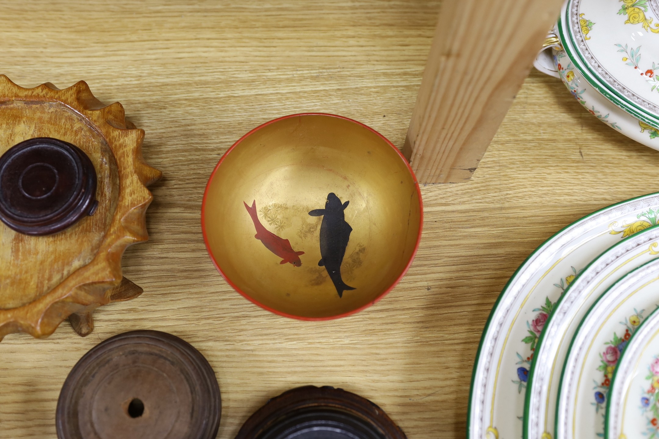 Assorted Chinese wooden stands and a lacquer bowl
